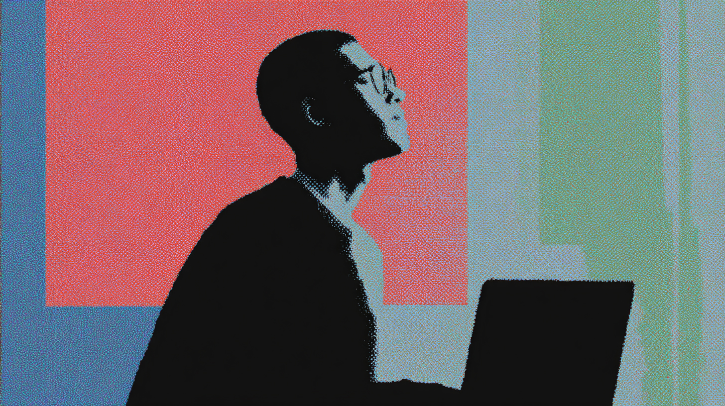 Person closing eyes in front of MacBook