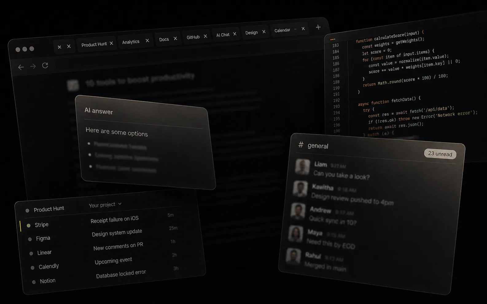 Multiple windows and apps competing for attention on a desktop